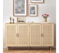 STAPERFO Buffet en rotin avec 4 portes et pieds en bois massif - 158 x 40 x 88 cm - Armoire de rangement pour couloir, bureau, salon - Naturel
