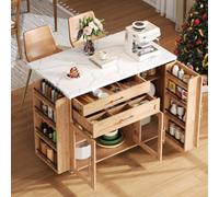 STAPERFO Chariot de cuisine naturel avec plan de travail pliable, table de cuisine mobile avec rangement et tiroirs, îlot de cuisine sur roulettes avec portes en verre, chariot de service extensible