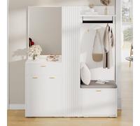 STAPERFO Ensemble garde-robe avec miroir, tringle à vêtements et banc, garde-robe compacte avec 3 portes, étagère à chaussures basculante et tiroir, blanc, 150 x 36 x 180 cm, pour couloir, entrée