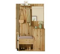 STAPERFO Garde-robe de couloir - Avec miroir et banc - 115 x 185 x 37 cm - Armoire compacte en MDF avec moulure noire - Étagère parapluie - Bascule