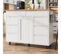 STAPERFO Îlot de cuisine avec 8 tiroirs : chariot de cuisine extensible et chariot de service blanc avec plan de travail pliable et étagère à épices, sur roulettes, 122 x 74,5 (46) x 91,5 cm