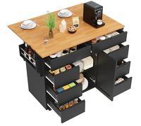 STAPERFO Îlot de cuisine avec 8 tiroirs : chariot de cuisine extensible et chariot de service noir avec plan de travail pliable et étagère à épices, sur roulettes, 122 x 74,5 (46) x 91,5 cm