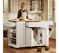 STAPERFO Îlot de cuisine avec compartiment poubelle, chariot de cuisine mobile avec portes et tiroirs, roulettes, étagères réglables, 120 x 50 x 92 cm, blanc