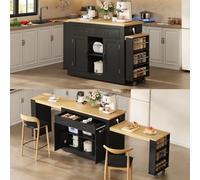 STAPERFO Îlot de cuisine avec deux plans de travail extensibles, îlot de cuisine mobile jusqu'à 340 cm, chariot de cuisine avec prises et USB, tiroirs et étagères, 142 (340) x 55 x 93 cm, noir