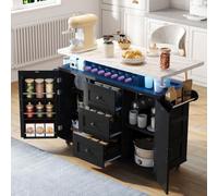 STAPERFO Îlot de cuisine avec LED et contrôle par application, chariot de cuisine mobile avec plan de travail pliable, étagère à vin et porte-verre, 5 roulettes, 138 x 60 x 93 cm, noir