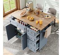 STAPERFO îlot de cuisine avec plan de travail pliable : chariot de service multifonction et armoire de buffet bleu avec tiroirs et compartiments réglables, 110 x 75 (45) x 92 cm, pour cuisine et salle