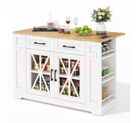 STAPERFO Îlot de cuisine avec table pliable, chariot de cuisine mobile avec prises et USB, portes en verre et étagères ouvertes, roulettes avec freins, 120 x 40 (65) x 92 cm, blanc