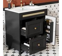 STAPERFO Meuble de lavabo autoportant, 76 cm, noir, avec lavabo en céramique et fermeture amortie, armoire de salle de bain avec 2 tiroirs, grand espace de rangement, décor rotin, idéal pour les