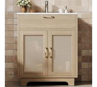 STAPERFO Meuble de lavabo autoportant 76 x 46 x 88 cm avec bac en céramique, fermeture amortie, 2 portes et espace de rangement, MDF résistant à l'humidité, pieds hauts, meuble de salle de bain, pour