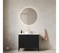 STAPERFO Meuble de salle de bain autoportant, 76 cm, avec bac rond en céramique et plaque de pierre Carrare, avec 2 portes à fermeture amortie, armoire en MDF étanche, design moderne pour toilettes