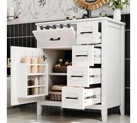 STAPERFO Meuble sous-vasque autoportant, 76 cm, blanc, avec lavabo en céramique, 4 tiroirs à fermeture amortie, résistant à l'humidité, grand espace de rangement pour salle de bain et WC d'invités