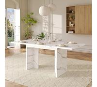 STAPERFO Table à manger extensible 140-180 x 80 cm pour 6 à 8 personnes - Table de cuisine rectangulaire avec panneau MDF de 30 mm d'épaisseur aspect marbre blanc, table familiale stable pour salle à