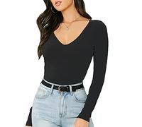 STAR FASHION Femmes à Manches Longues col en V Haut Basique en Jersey uni Extensible Coupe ajustée Tenue décontractée T-Shirt t-Shirts Taille française (36-54)