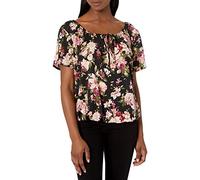Star Vixen Petite Chemise à Manches Courtes/Fendues avec Trou de Serrure et Ourlet à Bulles Blouse, Motif Floral Noir, M Femme