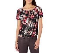 Star Vixen Haut Paysanne à Manches Courtes/Fendues avec Trou de Serrure et Ourlet à Bulles Blouse, Motif Floral Noir, M Femme