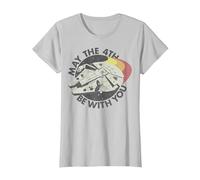 Star Wars Millennium Falcon May The 4th Be with You Retro T-Shirt, Femme, Argent, XS
