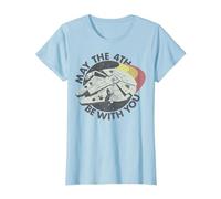 Star Wars Millennium Falcon May The 4th Be with You Retro T-Shirt, Femme, Bleu Céleste, XS