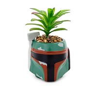 Star Wars Pot de fleurs en céramique avec motif casque Boba Fett de 7,6 cm avec plantes succulentes artificielles | Petit pot de fleurs, plante d'intérieur synthétique pour étagère de bureau, plateau