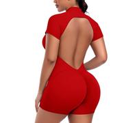 STARBILD Combinaison Court Sport Dos Nu Push Up pour Femme, Combishorts V Back Scrunch Butt avec Fermeture Éclair à Manches Courtes, Jumpsuits Short Yoga Fitness Gym