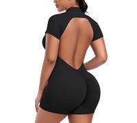 STARBILD Combinaison Court Sport Dos Nu Push Up pour Femme, Combishorts V Back Scrunch Butt avec Fermeture Éclair à Manches Courtes, Jumpsuits Short Yoga Fitness Gym