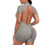 STARBILD Combinaison Court Sport Dos Nu Push Up pour Femme, Combishorts V Back Scrunch Butt avec Fermeture Éclair à Manches Courtes, Jumpsuits Short Yoga Fitness Gym