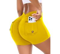 STARBILD Shorts de Sport pour Femme Cycliste Scrunch Butt, Leggings Court Taille Haute Push Up avec Poches pour Gym Fitness Yoga, 11.5cm Inseam V Back - Jaune XS