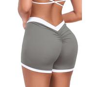 STARBILD Shorts Sportifs Femme Push Up Fessier - Scrunch Dos en V avec Ceinture Blanc Contrastée - Cuissards Courts Slim Yoga Fitness - Hotpants Sexy Été, Découpe en V - Gris Nuage M