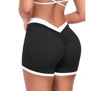 STARBILD Shorts Sportifs Femme Push Up Fessier - Scrunch Dos en V avec Ceinture Blanc Contrastée - Cuissards Courts Slim Yoga Fitness - Hotpants Sexy Été, Découpe en V - Noir Minuit XS