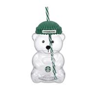 STARBUCKS Gobelet en verre en forme d'ours, couvercle vert avec motif de bonnet, paille à rayures