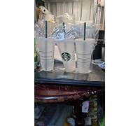 Starbucks Venti - Lot de 3 gobelets réutilisables en plastique dur avec couvercle et paille verte - 700 ml