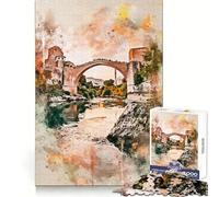 Stari Most à l'aquarelle Puzzle de 1000 pièces pour Adolescents Développe la mémoire, Loisirs créatifs, Bords précis, 50x75cm