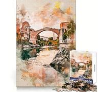 Stari Most in Watercolor, Puzzle de 1000 pièces pour Adolescents, idéal pour se détendre et s'amuser 38x52cm, Cadeau saisonnier