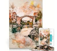 Stari Most in Watercolor, Puzzle de 1000 pièces pour Adolescents, idéal pour se détendre et s'amuser 38x52cm, Cadeau saisonnier