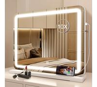 STARLEAD Miroir-Coiffeuse-Lumineux 3 Couleur Dimming, 48 x 38 cm Grand Hollywood-Mirroir-Maquilleur-Lumineux avec Loupe 10X, USB Port Chargeur, Miroir-LED-Coiffeuse Support Montage Mural, Blanc