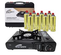 Starlet24 Réchaud de camping puissant avec 8 cartouches de gaz et mallette de transport - Idéal pour les activités de plein air telles que la randonnée et le camping sans alimentation électrique