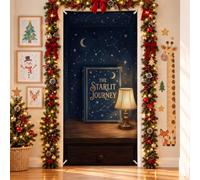 Starlit Journey Storybook Couverture de porte de Noël 91,4 x 182,9 cm | Toile de fond pour porte d'entrée, bibliothèque vintage, esthétique, livre d'histoires fantaisie