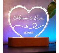 StarMaker Lampe personnalisée Coeur et prénoms gravés ruban - Cadeau de Saint Valentin prénoms et date, Cadeau de mariage ou couple - Veilleuse personnalisée décoration