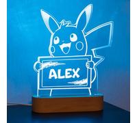 StarMaker Lampe Pika personnalisée avec prénom - Veilleuse personnalisable cadeau décoration lumineuse LED avec socle en bois et acrylique gravé pour chambre d'enfant (RGB 7 couleurs)