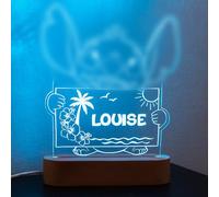 StarMaker Lampe Stitch personnalisée avec prénom - Cadeau de Noël personnalisable enfant Veilleuse Stitch décoration lumineuse LED lampe effet 3D, socle en bois et acrylique gravé