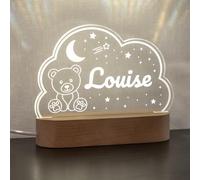 StarMaker Veilleuse personnalisée Nuage et Ourson avec prénom, idée cadeau de naissance personnalisable Lampe en bois et acrylique, décoration lumineuse chambre d'enfant (Blanc 3 couleurs)