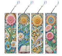 Starnearby 4 Pièces Marque Page en Broderie Diamant Fleur Bricolage, Diamant Painting Marque Pages avec Pendentif Creatif, Artisanat Signet Livre, Cadeau pour Enfants, Adultes