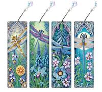 Starnearby 4 Pièces Marque Page en Broderie Diamant Libellule Bricolage, Diamant Painting Marque Pages avec Pendentif Creatif, Artisanat Signet Livre, Cadeau pour Enfants, Adultes
