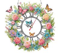 Starnearby Diamond Painting Horloge Murale Couronne de Fleurs DIY, Ornement Broderie Diamant avec Fonction d'horloge, Horloge Murale en Peinture Diamant Artisanat Mosaïque Décoration Suspendue