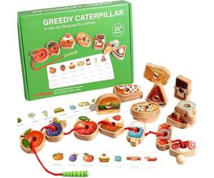 Starnearby Jeu de Perles en Bois à Enfiler de Chenille Gourmande, Jouet de Perles de Laçage en Bois, Montessori Jouets éducatifs à Enfiler pour Tout-Petits 2 3 4 5 Ans Garçons Filles, Cadeau