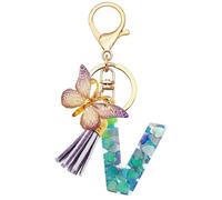Starnearby Porte-clés Lettre V, Alphabet Initiale Lettre Porte-clés avec Papillon Pompon, Porte-clés en Résine pour Femmes et Filles, Accessoires Pendentif pour Sac à Dos, Sac à Main