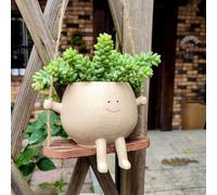 Starnearby Pot de Fleurs Suspendu, Pot de Fleurs en Résine avec Visage Sourire, Jardinière à Suspendre, Pot de Fleur Balançoire pour Plantes Succulentes d'intérieur et d'extérieur