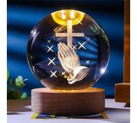 Starnearby Veilleuse Boule de Cristal, Lampe Boule de Cristal Lumineuse 3D, Croix Religieuse 6CM avec Base en Bois Chargement USB, Cadeau, Décoration de Chambre