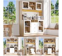 staronce Armoire de cuisine, buffet, vitrine avec LED intelligente, étagère à vin, portes en verre et tiroir, armoire multi-usages pour cuisine, salon, MDF/métal/verre, 140 x 40 x 185,7 cm, blanche