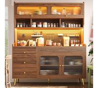 staronce Armoire de cuisine étroite avec éclairage LED - Armoire polyvalente avec porte lift-up pour salon et cuisine, buffet et vitrine avec verre flotté en noyer