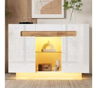 staronce Buffet avec LED, étagères en verre, blanc brillant, bois naturel, stable